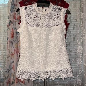 White Lace Zip-up sleeveless Blouse